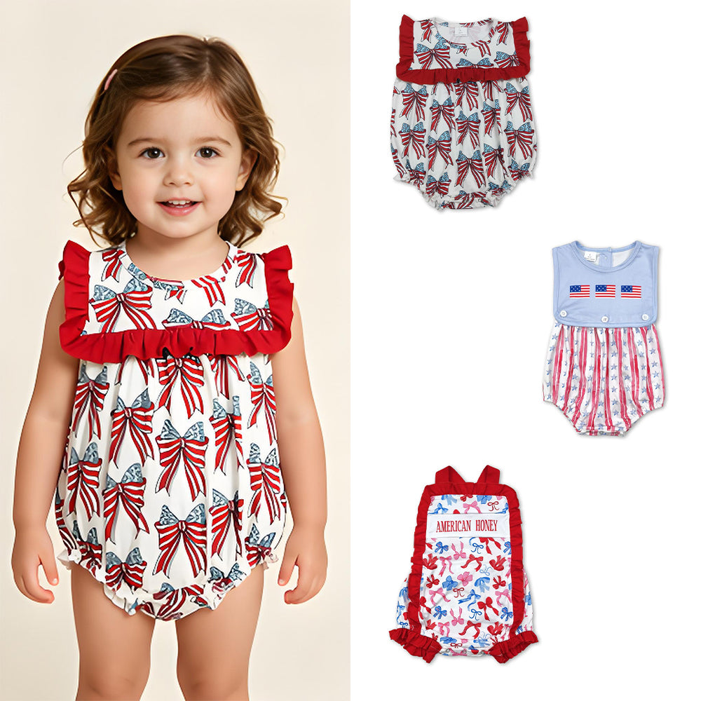 RTS Sibling Red ruffle stars stripe bow baby girls 4th of july romper