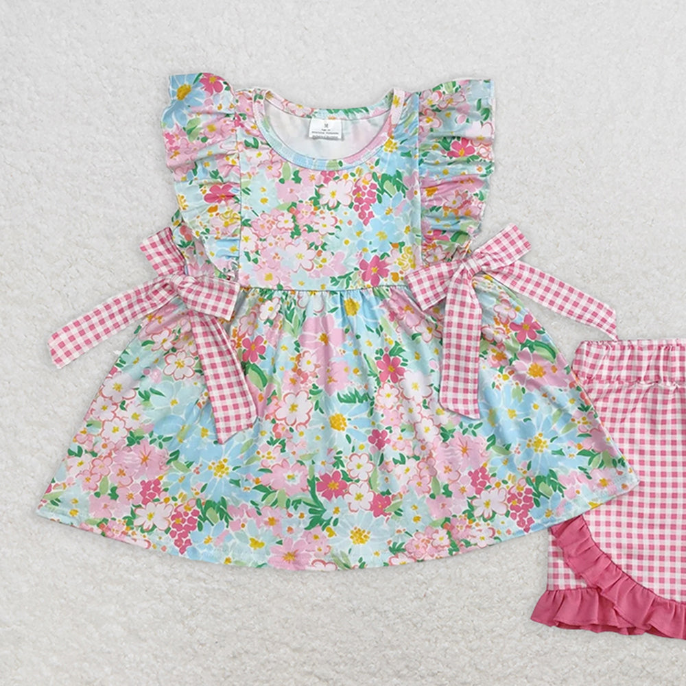 GSSO2111RTS NO MOQ Baby Girls Summer Outfits Baby Girls Ruffle Pink Plaid Bow Floral Summer Clothes Set Cute Toddler Outfit with Skirt And Top
