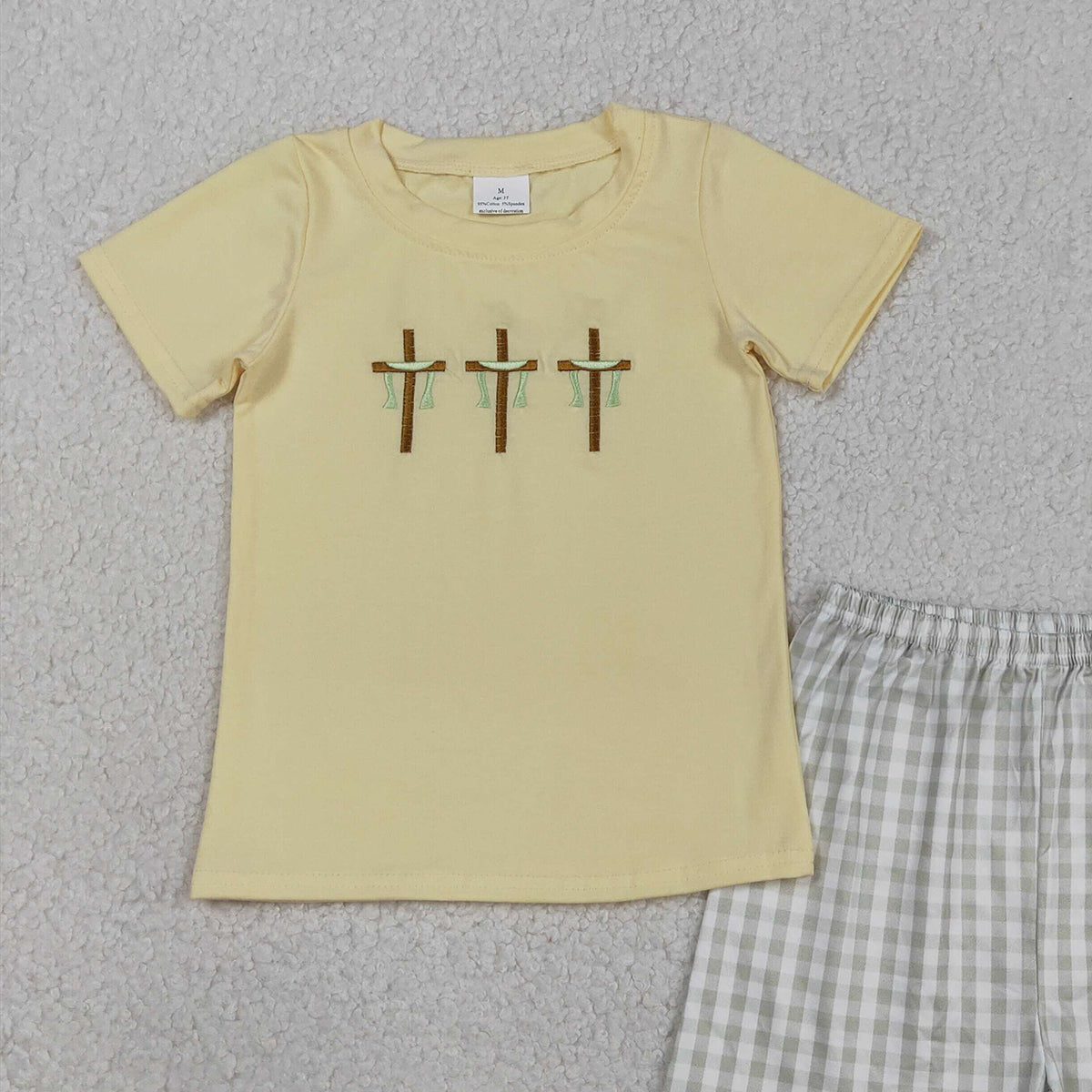3.14 RTS NO MOQ （In stock）BSSO1717 Kids Clothing for Baby Boys Embroidery Short Sleeve Crosses Top Checked Shorts Easter Clothes Sets