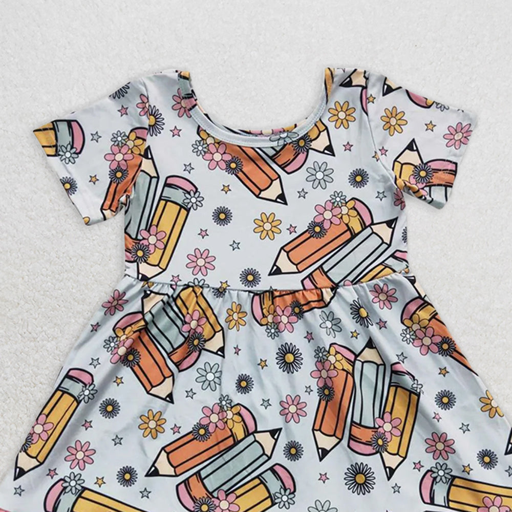 GSD0379 RTS NO MOQ Baby Girls Summer Dress Back to school pencil light blue pink hem short sleeve dress