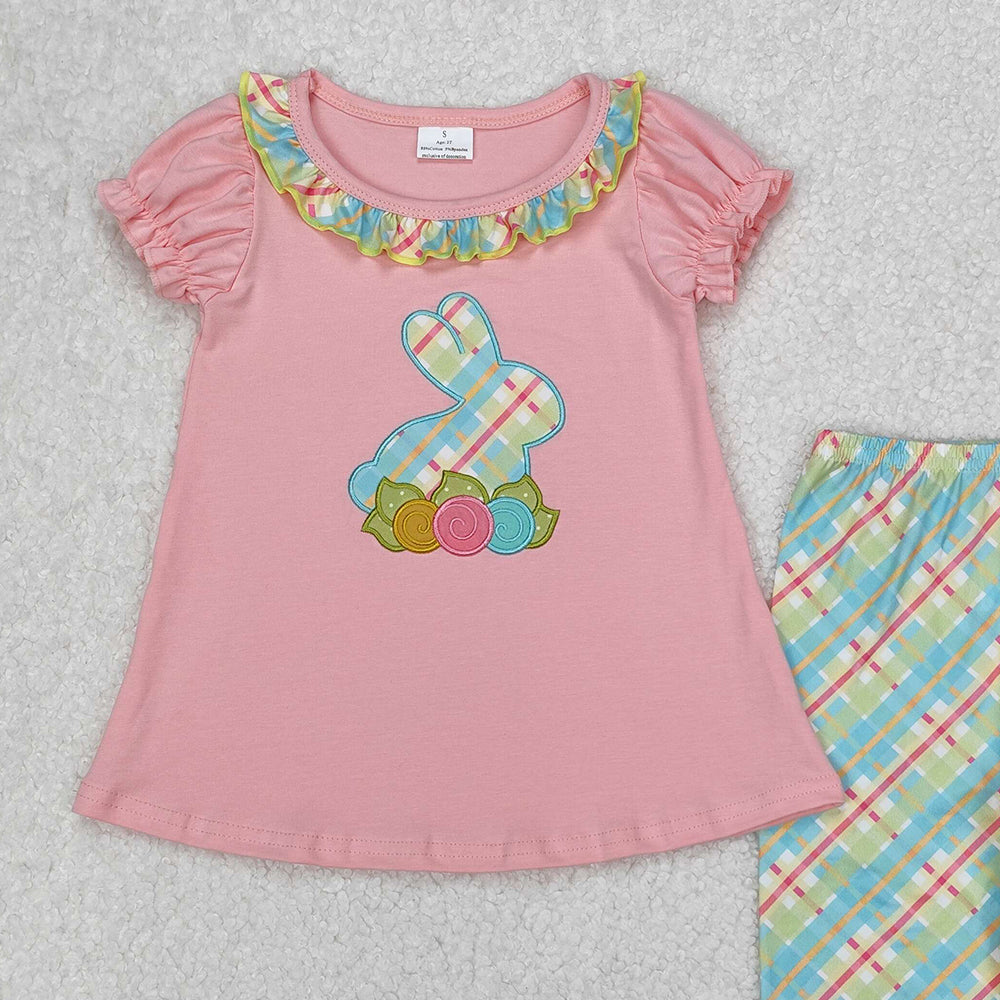 GSPO0974Girls Pink Floral Rabbit Tunic Ruffle Pants Outfit Easter Themed Children's Clothing Set