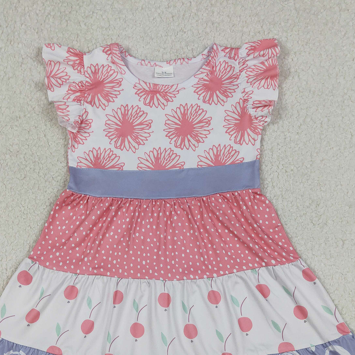 4.11 GSD4090 RTS NO MOQ （In stock ）Baby Girls Flutter Sleeve Daisy Peaches Patchwork Knee Length Dresses