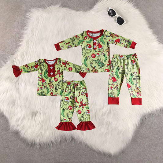 8.23 RTS Sibling Baby Boys Girls Green face merry Christmas kids girls pajamas