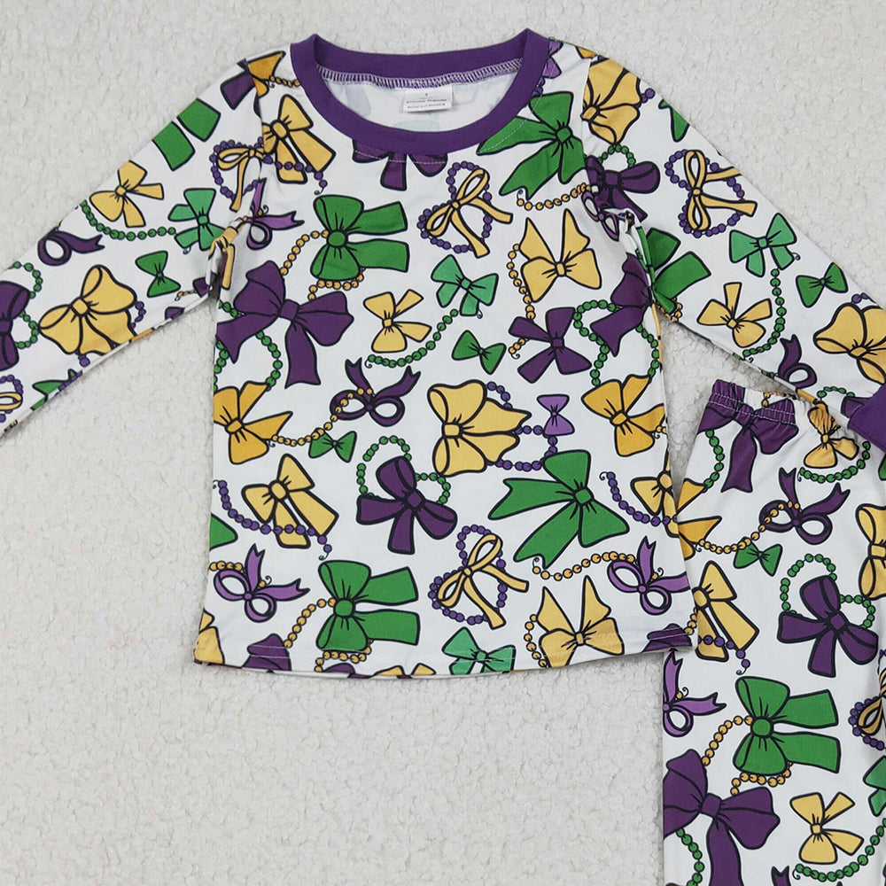 10.10 RTS NO MOQ （In stock）GLP2872 Baby Girls Winter Outfits Baby Girls Mardigras Bows Masks Top Pants Pajamas Sets