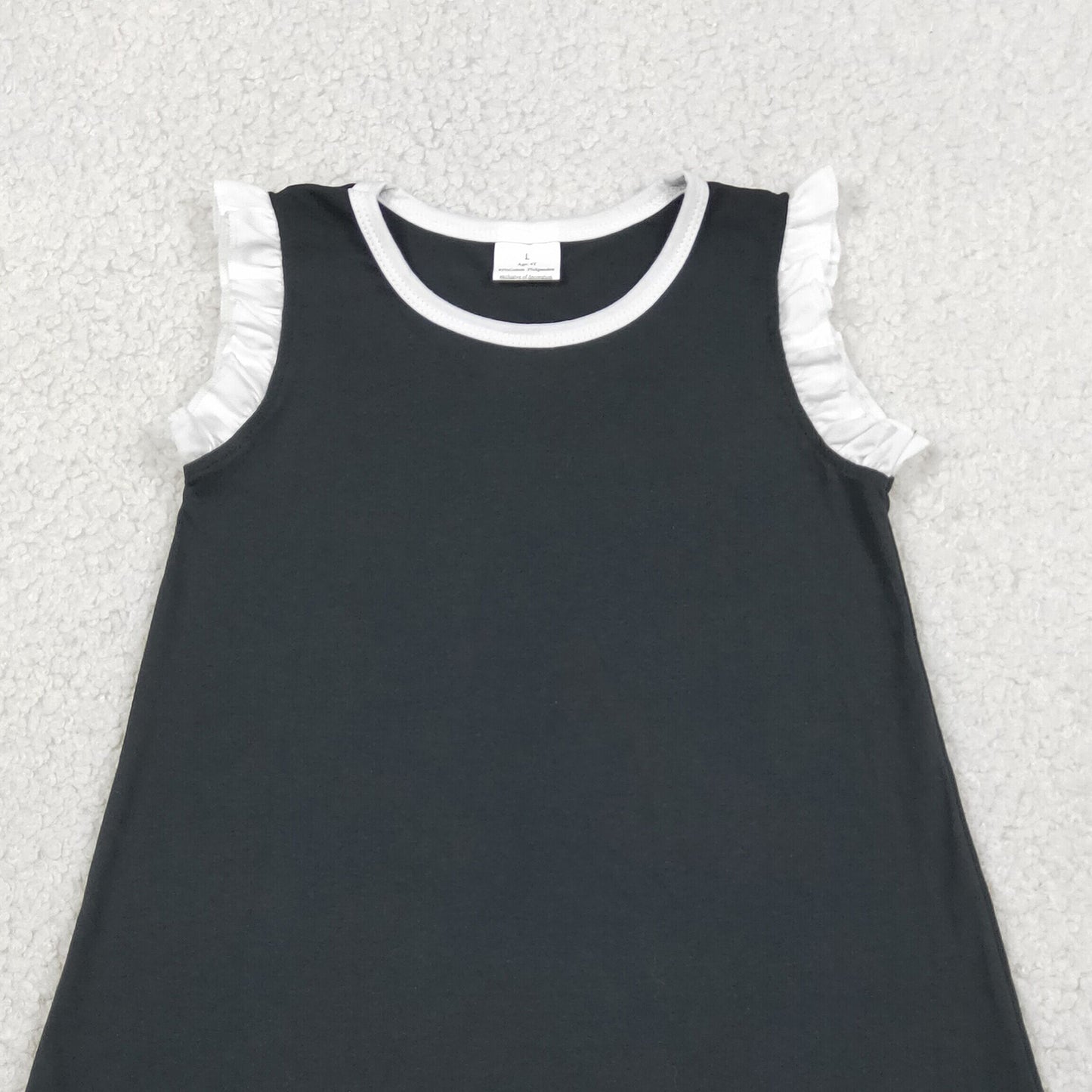 GSD4059 RTS NO MOQ （In stock）White scallop ruffle sleeveless black girls cotton dress