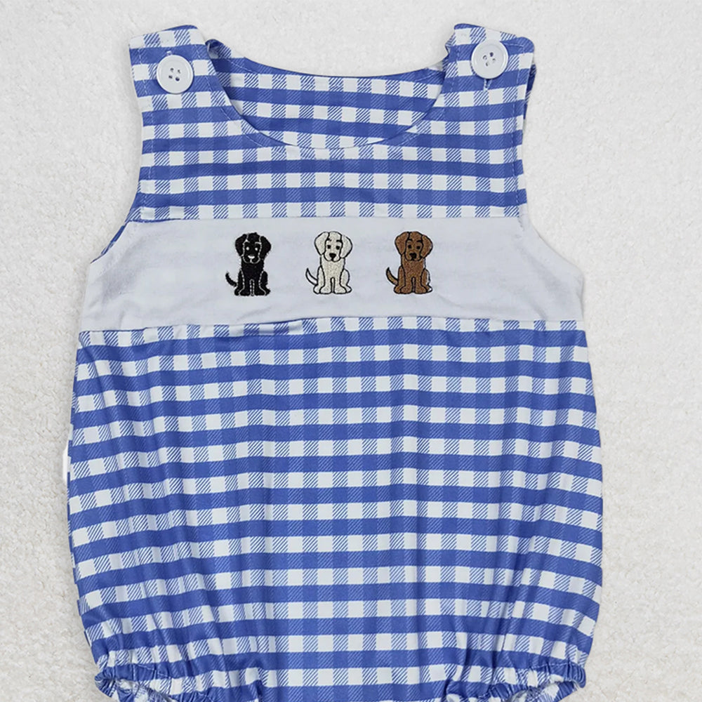 SR1048 RTS NO MOQ Baby Boys Summer Rompers Baby Infant Boys Dogs Blue Checkered Sleeveless Rompers