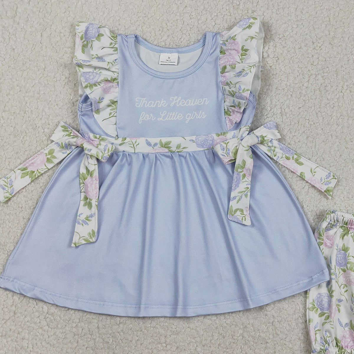 3.12 RTS NO MOQ （In stock）GSSO2846 Kids Clothing for Girls Baby Girls Thank Heaven Little Girl Flowers Bows Tunic Ruffle Shorts Clothes Sets