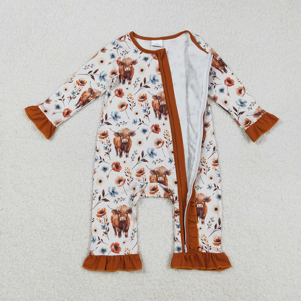 RTS NO MOQ （In stock）LR1624 Baby Girls Winter Rompers  Western Highland Cow Flowers Design Cute Baby Clothes