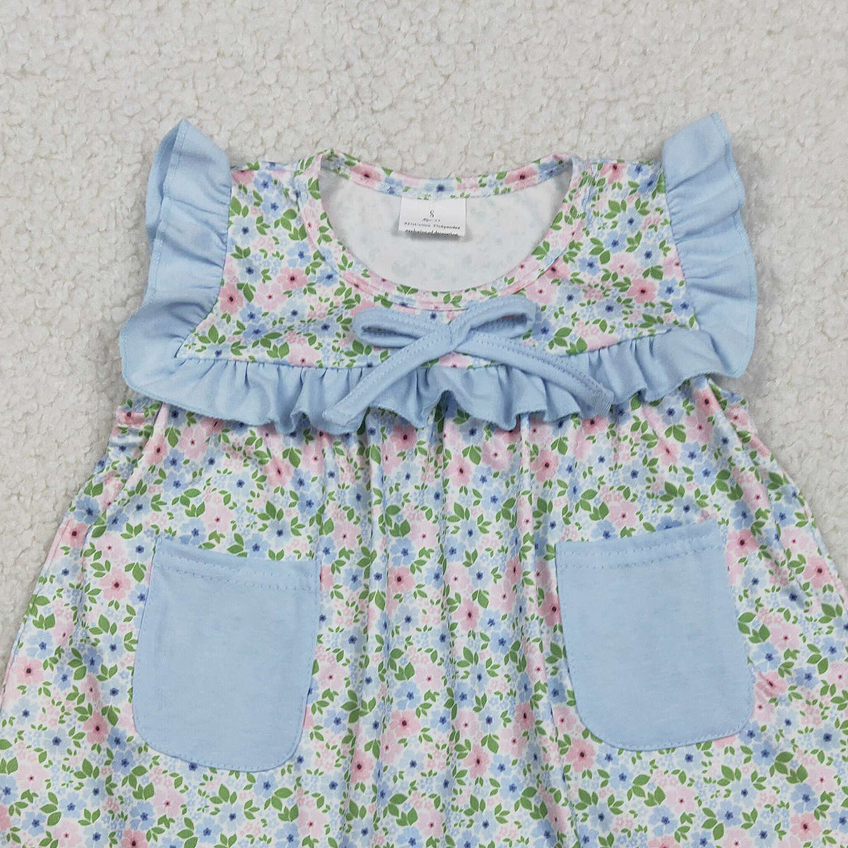 2.9 RTS NO MOQ （In stock）SR3752 Kids Clothing for Girls Baby Girls Sleeveless Blue Flowers Pockets Tunic Ruffle Rompers