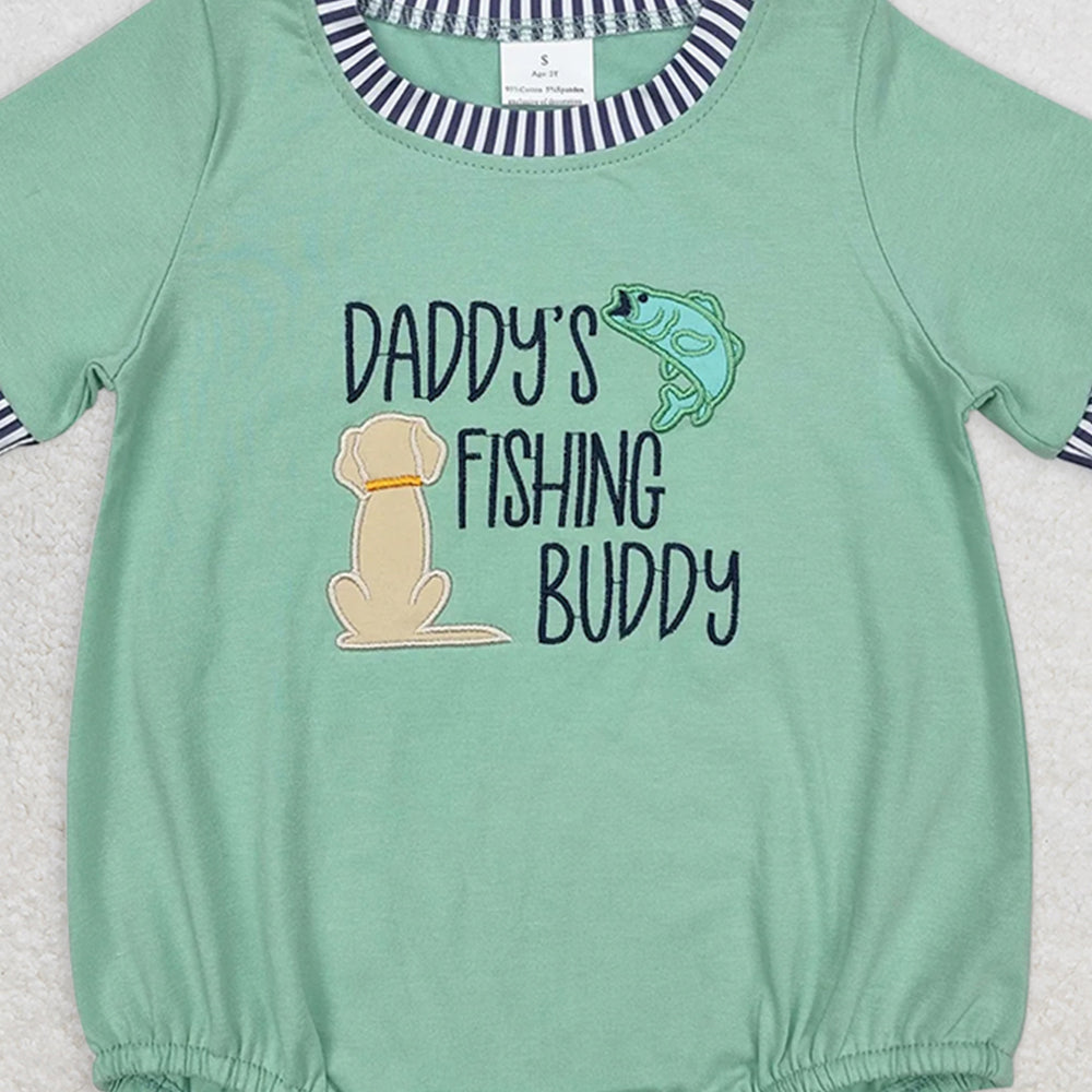 SR2336RTS NO MOQ Baby Boys Summer Rompers Green short sleeves daddy's fishing buddy baby boy romper