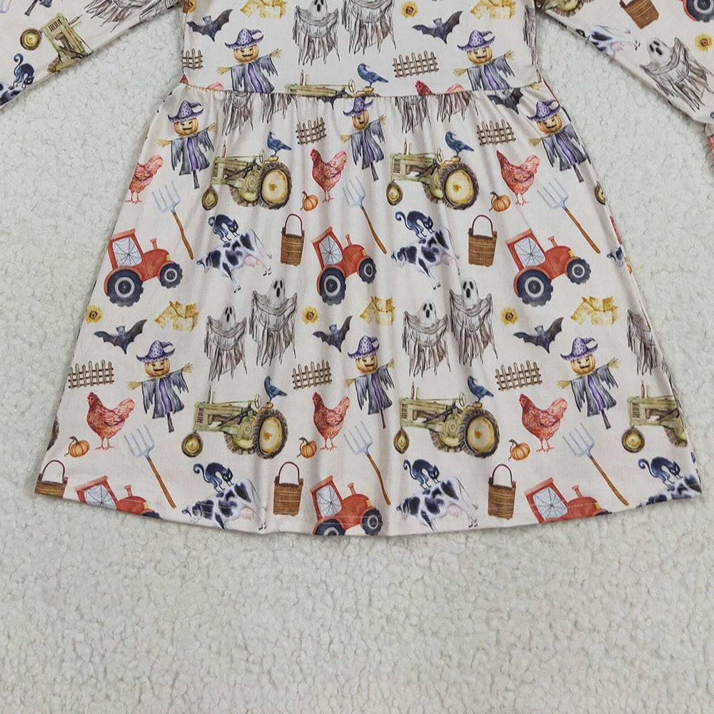 RTS NO MOQ （In stock）GLD1196 Baby Girls Winter Dress Baby Girls Long Ruffle Sleeves Trucks Chicks Farm Knee Length Dresses