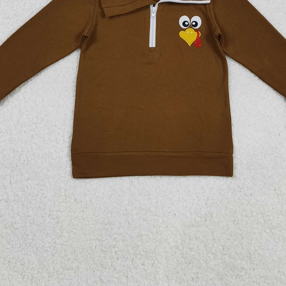 RTS NO MOQ （In stock）BT1265 Baby Boys Long Sleeve Tops Brown Zippered Turkey Polo Shirts Tops for Thanksgiving