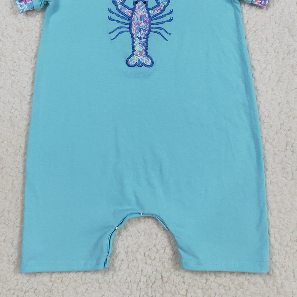 8.22 RTS NO MOQ （In stock）SR3044 Baby Boys Summer Rompers Embroidery Baby Boys Blue Short Sleeves Crayfish Rompers