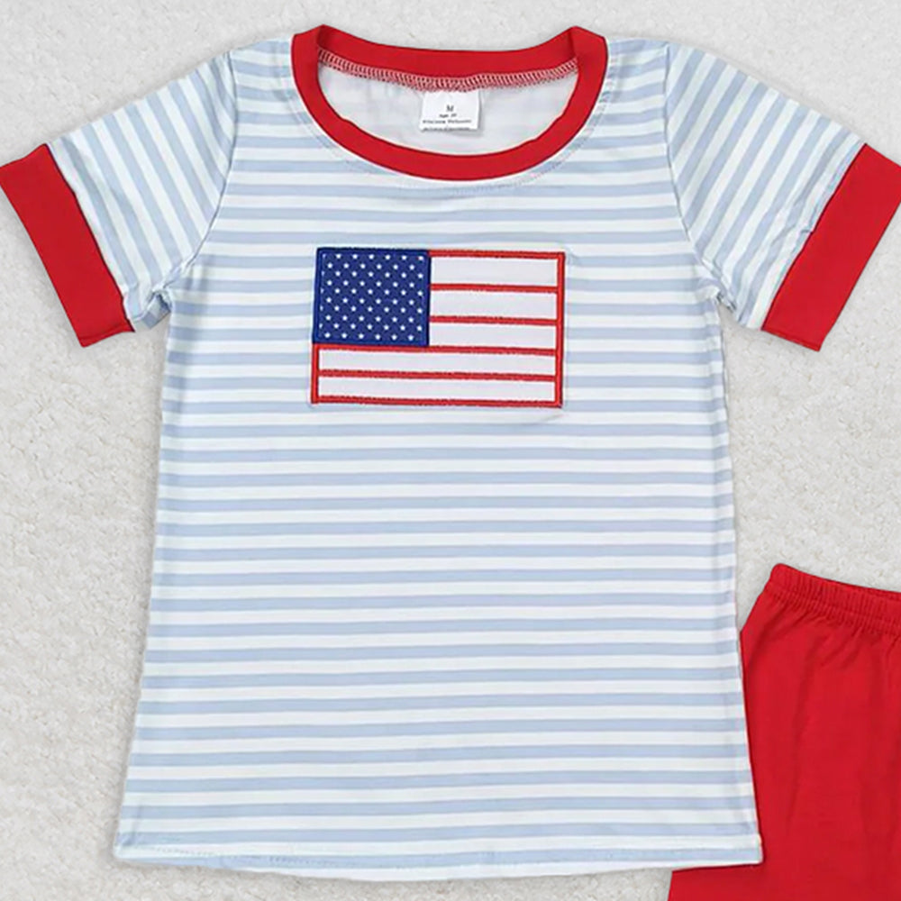BSSO0684 RTS NO MOQ Baby Boys Summer Boys Outfits Embroidery  Baby Boys Flag Blue Stripes Shirt 4th Of July Shorts Clothes Sets