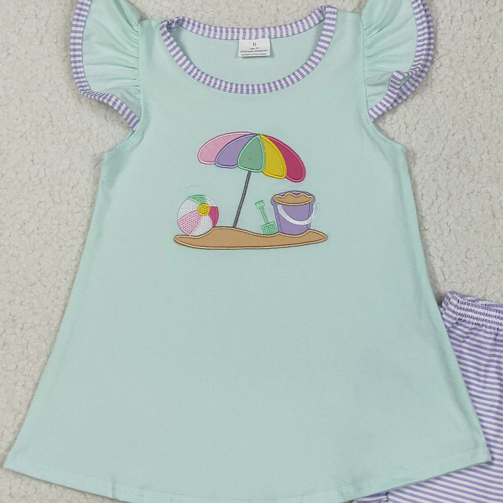 7.23 GSSO2553 RTS NO MOQ Baby Girls Summer Outfits Embroidery Baby Girls Flutter Sleeves Beach Tunic Lavender Stripe Short Set