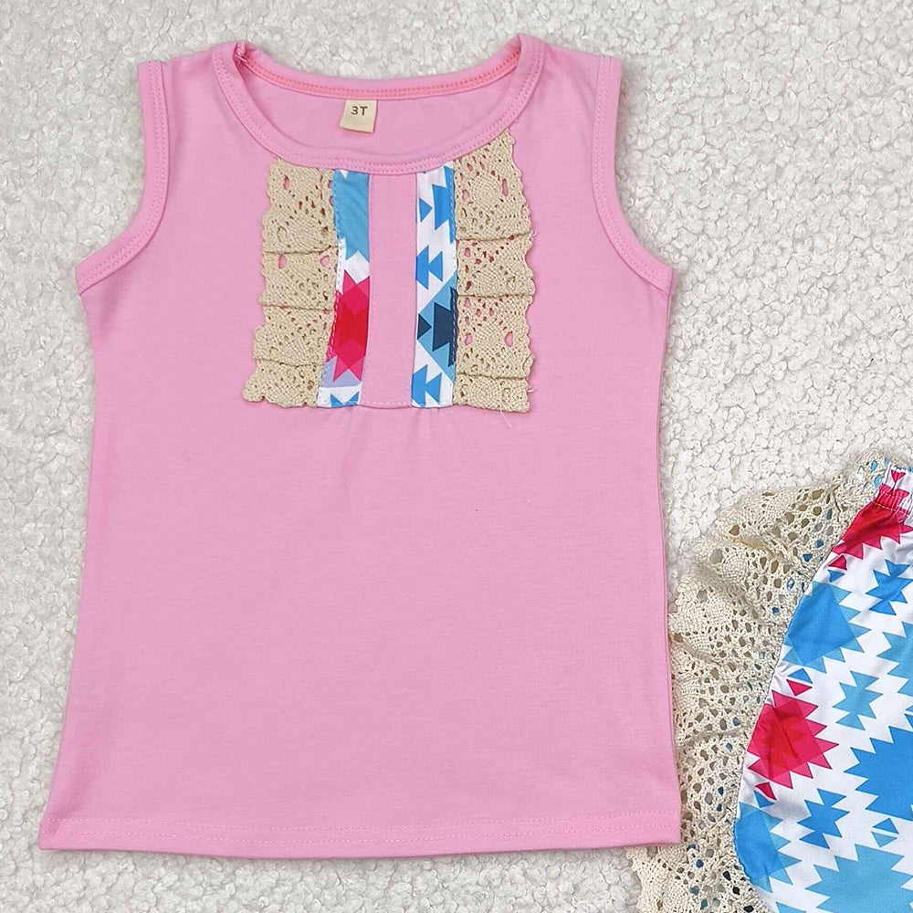 7.16  C7-5-1 RTS NO MOQ Baby Girls Summer Outfits Baby girls pink top aztec lace ruffle shorts outfits sets
