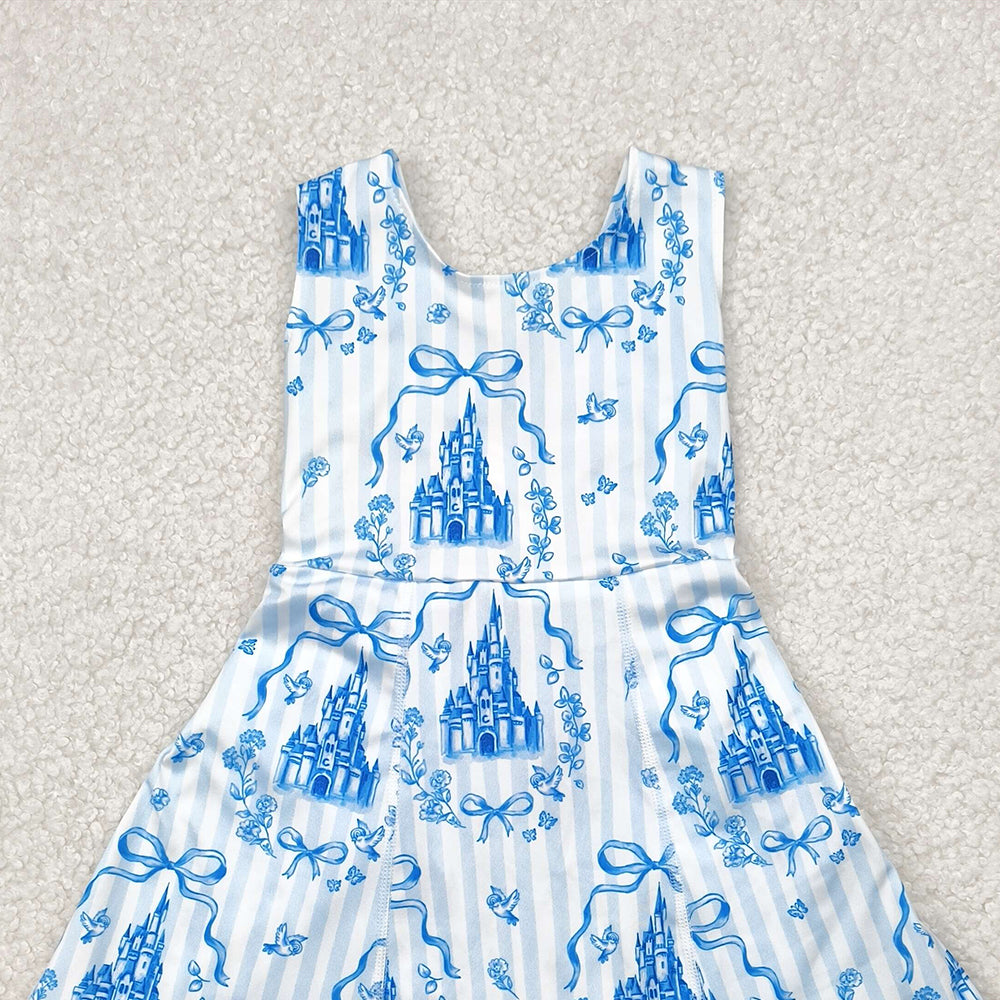 USA Shop (in stock)GSD2200 Baby Girls Summer Yoga Dress Light Blue Sleeveless Bow Castle Girls Athletic Dress Children's Cute Princess School Uniform Style Clothing for Girls