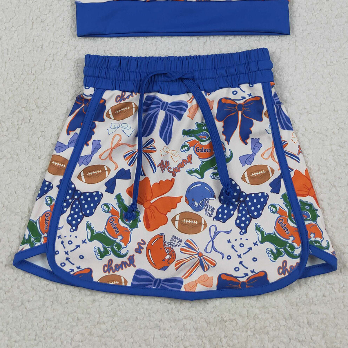 GSD3698 RTS NO MOQ （In stock ）Blue bow top skirt girls team active wear set