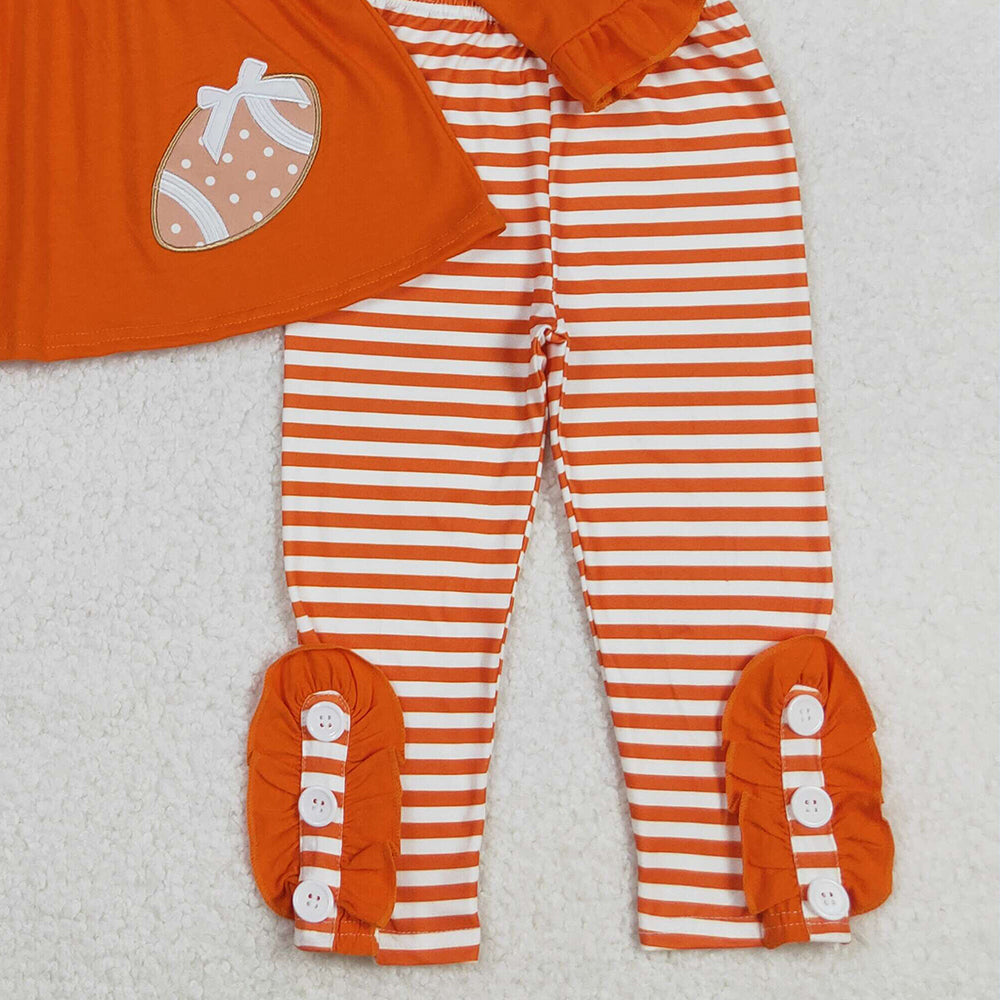 RTS NO MOQ （In stock）GLP1588 Baby Girls Winter Outfits Orange Long Sleeve Football Tunic with Stripe Leggings Set Sporty Outfit for Kids