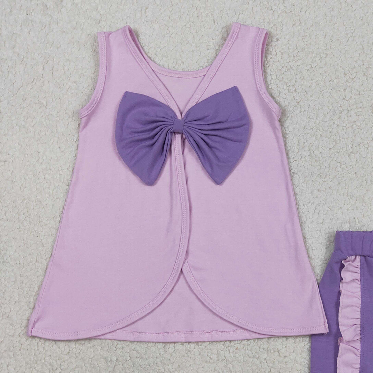 3.30 RTS NO MOQ （In stock）GSSO3461 Sleeveless bow tunic purple shorts girls summer outfits