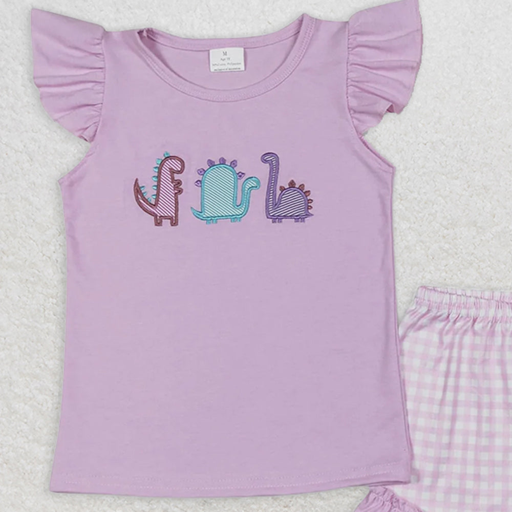 GSSO0411RTS NO MOQ Baby Girls Summer Outfits Lavender dinosaur top plaid shorts girls summer clothes