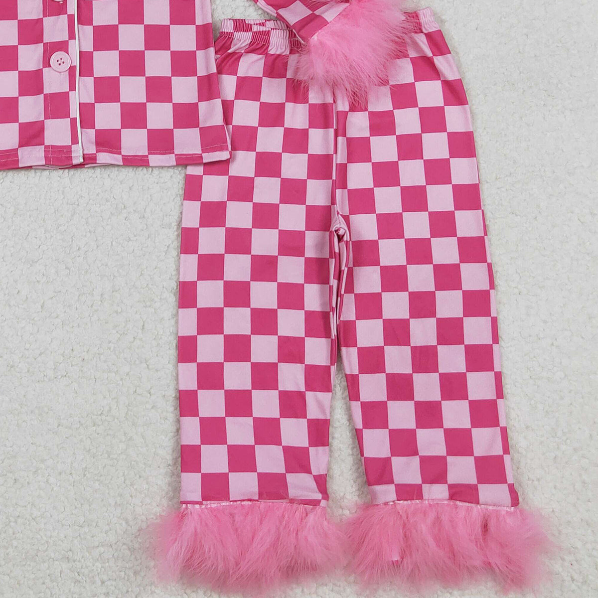 10.14 RTS NO MOQ （In stock）GLP1256 Baby Girls Dark Pink Checkered Buttons Top Pants Fur Pajamas Clothes Sets