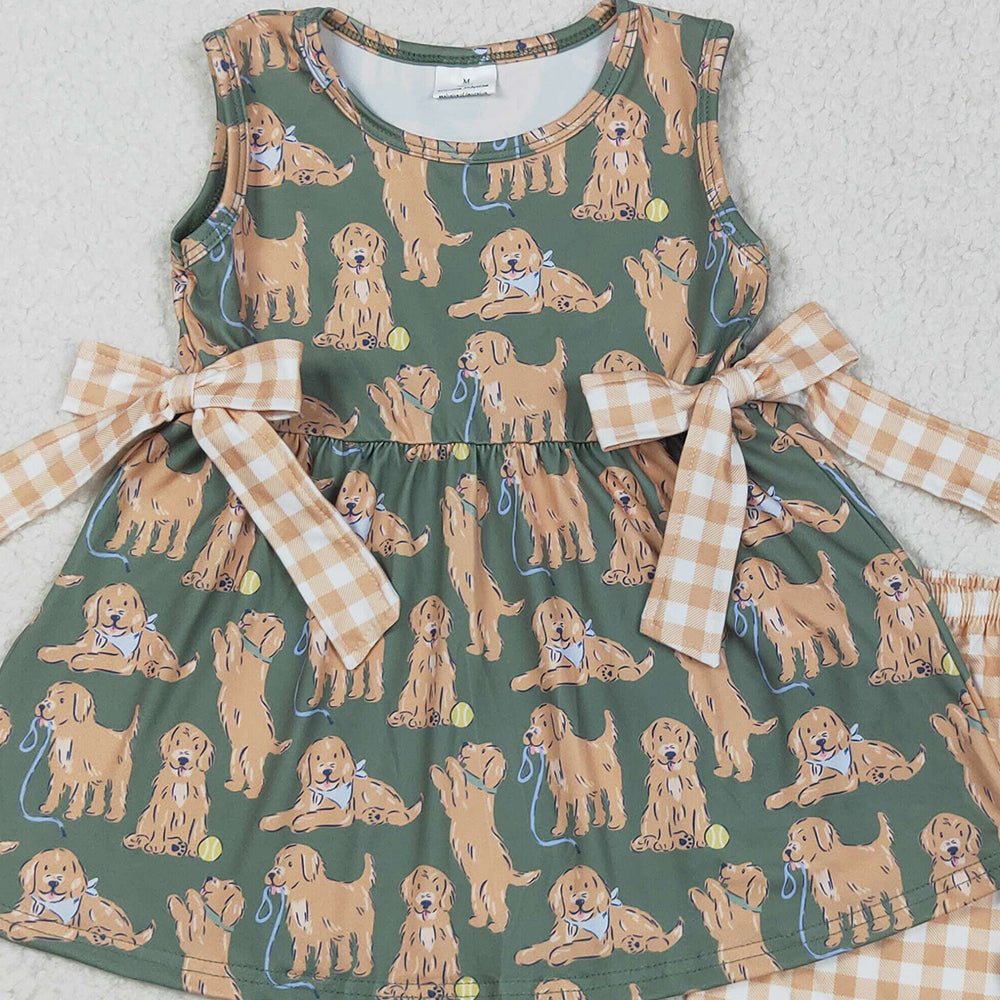 4.28 GSSO2449 RTS NO MOQ Baby Girls Summer Outfits  Sleeveless dog tunic khaki shorts girls clothes
