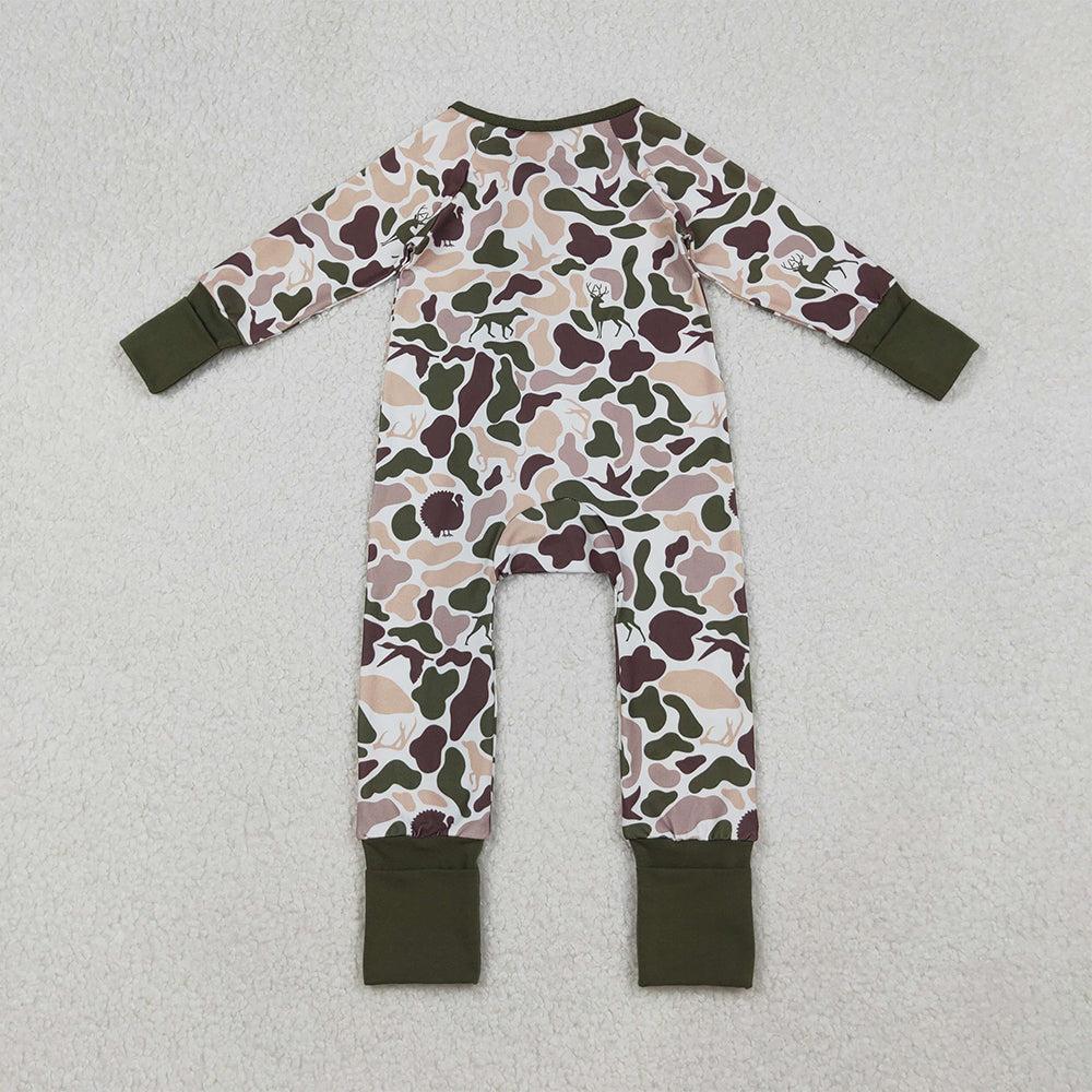 RTS NO MOQ （In stock）LR2590 Baby Boys Winter Rompers Deer Ducks Dogs Camo Southern Zipper Footie Rompers