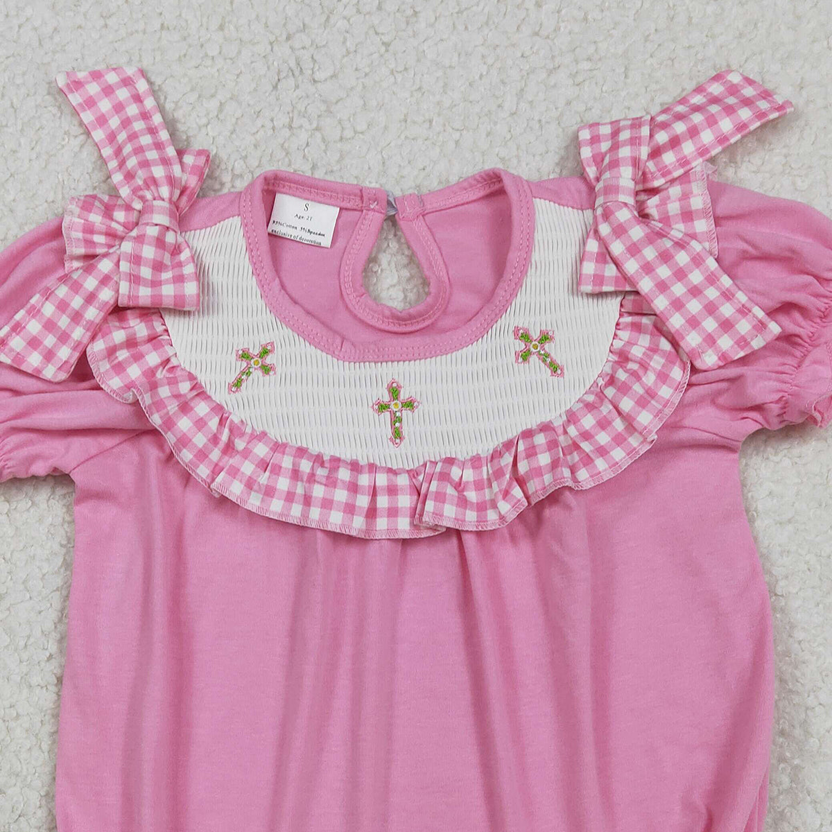 1.9 RTS NO MOQ （In stock）SR3250 Smocked Crosses Baby Girls Bows Short Sleeve Easter Ruffle Rompers