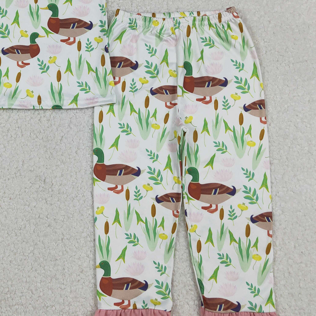 12.22 RTS NO MOQ （In stock）GSPO1252 Baby Girls Duck Floral Top Ruffle Pants Hunting Pajamas Sets