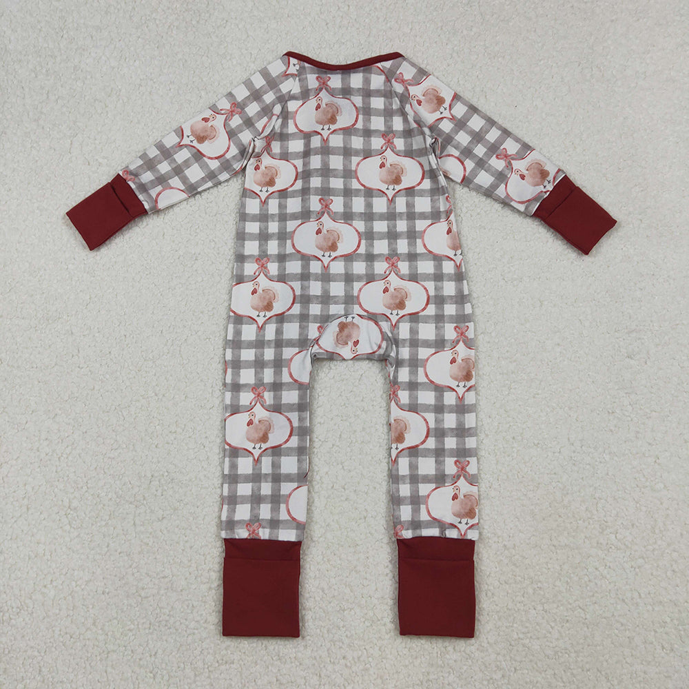 10.10 RTS NO MOQ （In stock）LR2691 Baby Boys Winter Rompers Baby Boys Turkey Checked Thanksgiving Zipper Footie Rompers