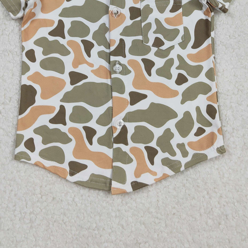 RTS NO MOQ （In stock）BT1312 Baby Boys Shorts Sleeve Tops Western Green Khaki Camouflage Button Pocket Shirt Top for Infants