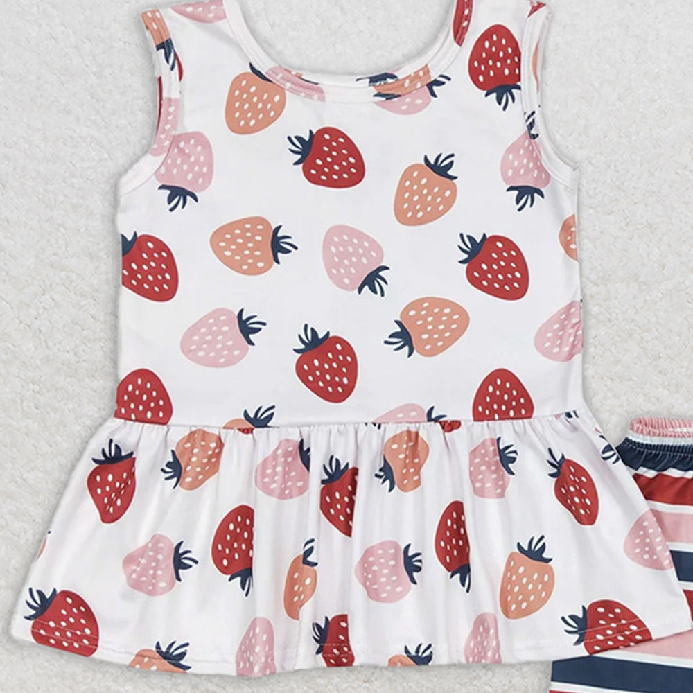 GSSO0505 RTS NO MOQ Baby Girls Summer Outfits Strawberry Beige Sleeveless Striped Shorts Set