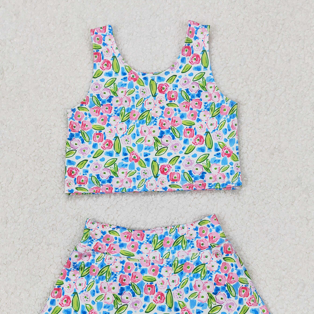 5.19  GSD1988  RTS NO MOQ Blue sleeveless floral top skirt girls activewear set