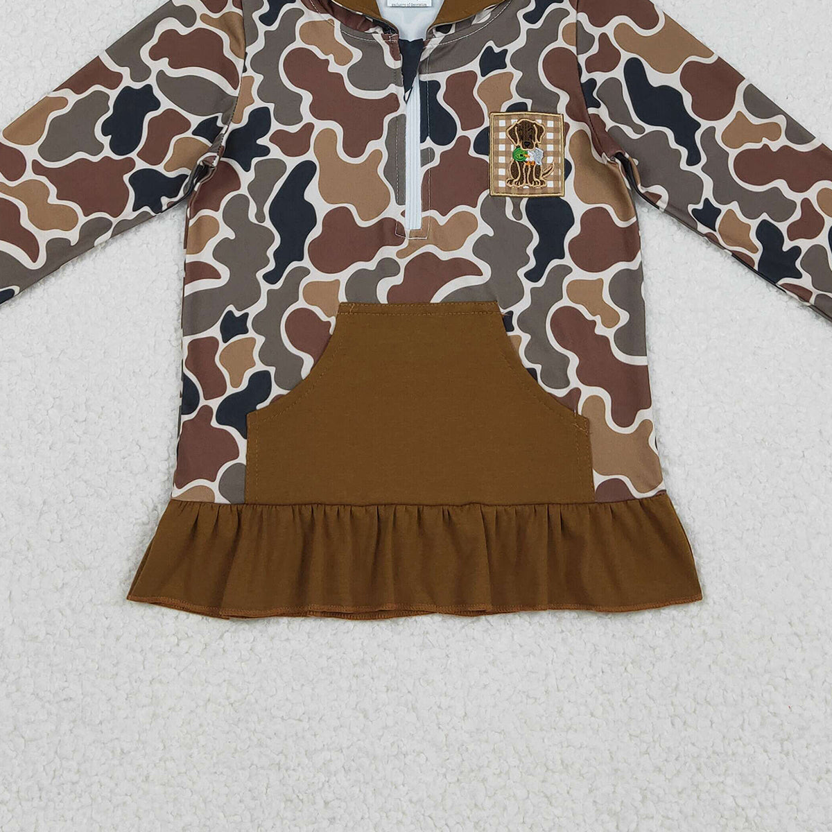 12.4 RTS NO MOQ （In stock）GT1132 Embroidery Dog Ducks Baby Girls Brown Camo Pocket Zip Hunting Hoodies Top