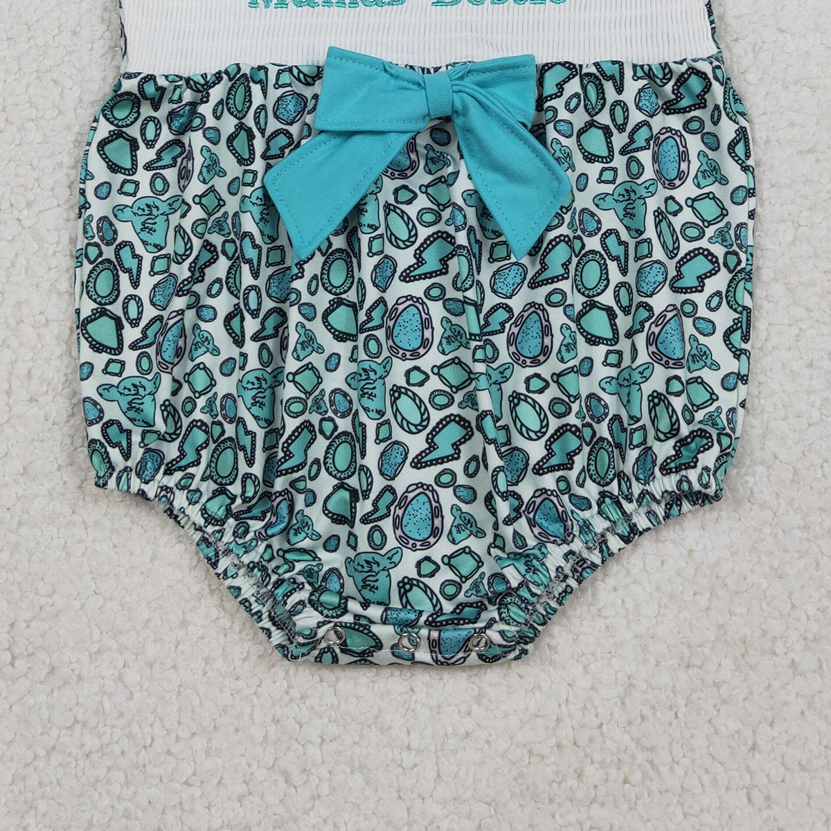 3.26 RTS NO MOQ （In stock）SR3863 Children's Fashion Romper Baby Girls Smocked Mama's Bestie Turquoises Collar Western Ruffle Rompers