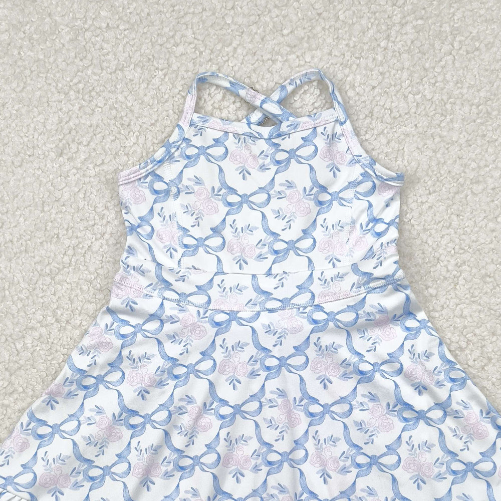 4.09 GSD2580 RTS NO MOQ Baby Girls Summer Dress Baby Girls Active Wear Blue Bow Pink Flower Yoga Dress