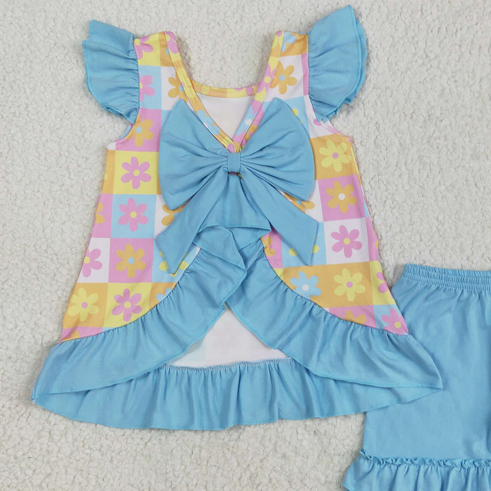 7.01 GSSO2623RTS NO MOQ Baby Girls Summer Outfits Baby Girls Blue Flutter Sleeves Flowers Plaid Tunic Ruffle Shorts Set