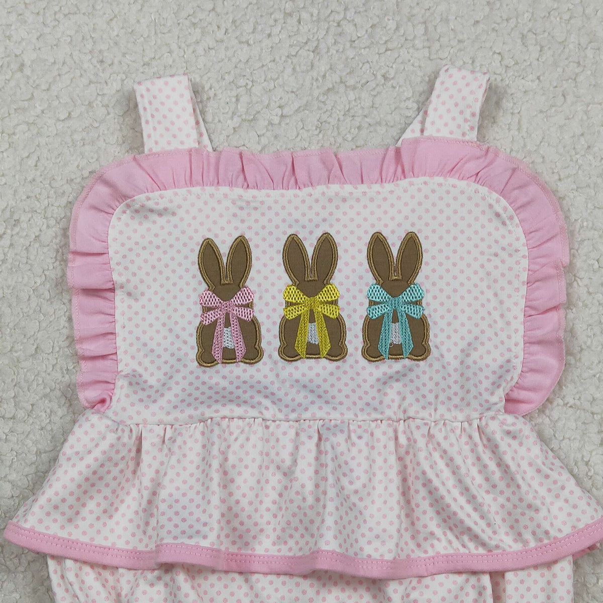 1.21 RTS NO MOQ （In stock）SR3477 Embroidery Rabbits Baby Girls Strap Polka Dots Easter Ruffle Rompers