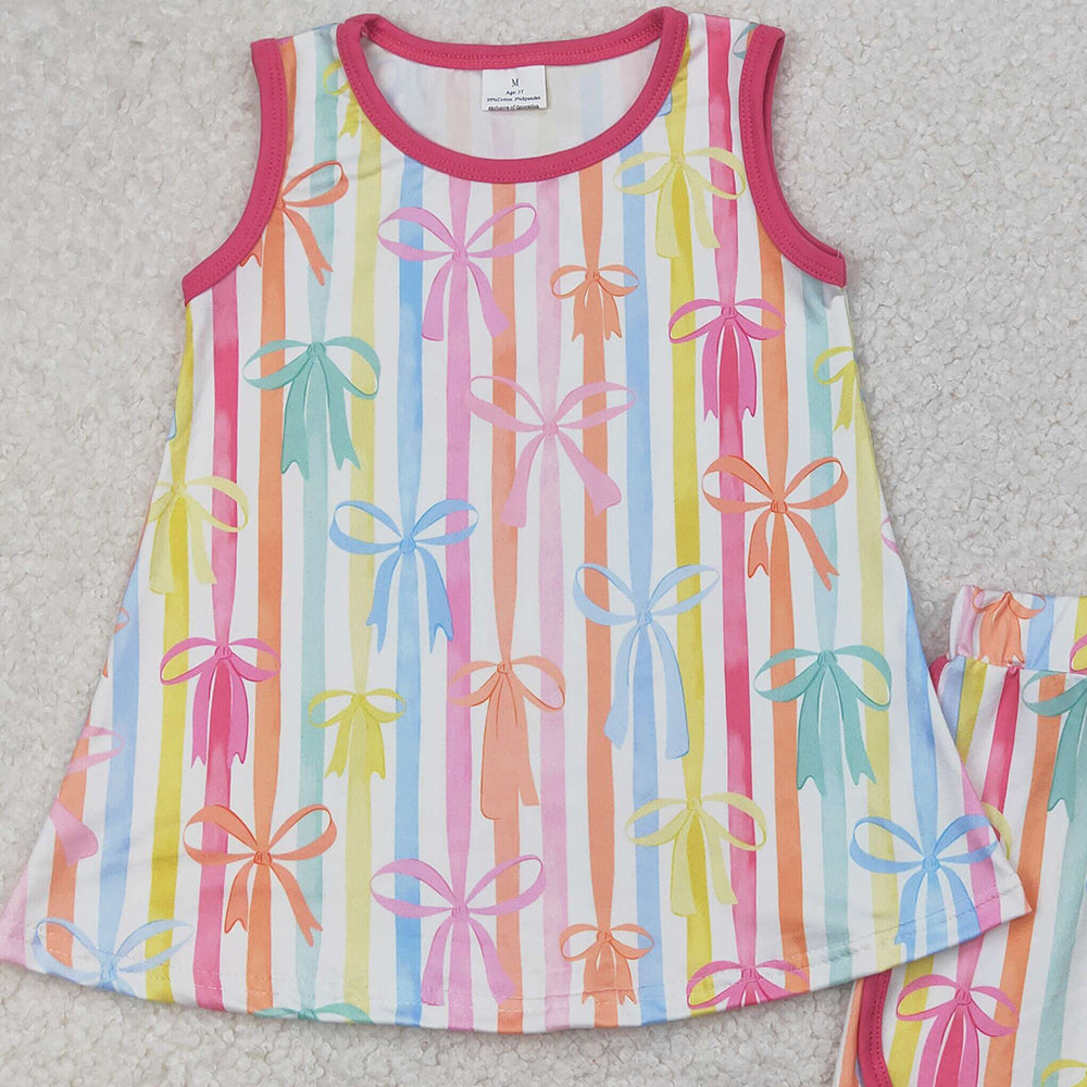 5.17  GSSO2465 RTS NO MOQ Baby Girls Summer Outfits Baby Girls Summer Colorful Bow Striped Shorts Set