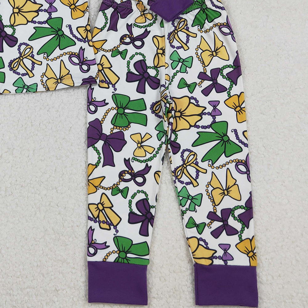 10.10 RTS NO MOQ （In stock）GLP2872 Baby Girls Winter Outfits Baby Girls Mardigras Bows Masks Top Pants Pajamas Sets