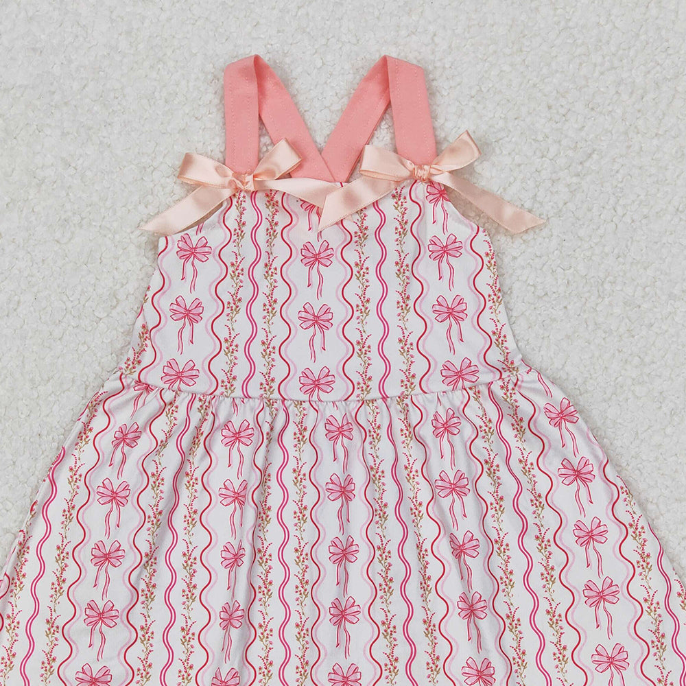 GSD1950RTS NO MOQ Pink bow straps floral ruffle baby girls dresses