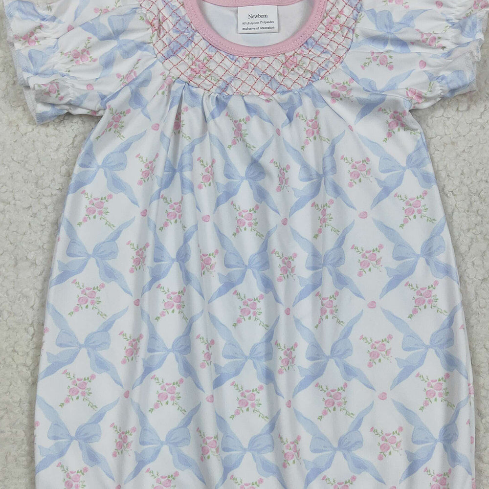 5.13 NB0045 RTS NO MOQ Baby Girls Pajamas  Embroidery Baby Newborn Bows Floral Long Ruffle Sleeves Gowns