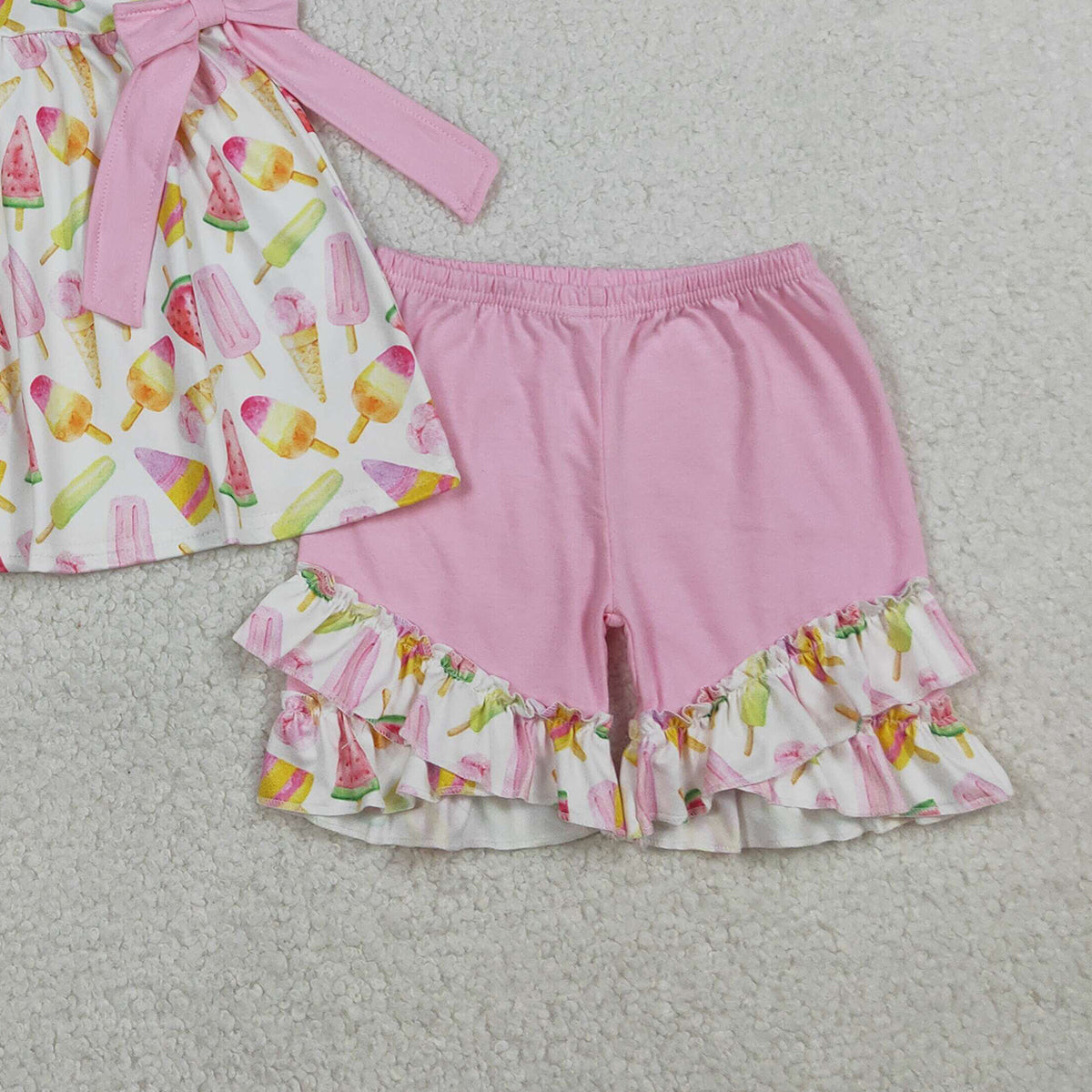 1.14 RTS NO MOQ （In stock）GSSO3067 Baby Girls Colorful Popsicle Ice Creams Collar Tunic Ruffle Shorts Clothes Sets