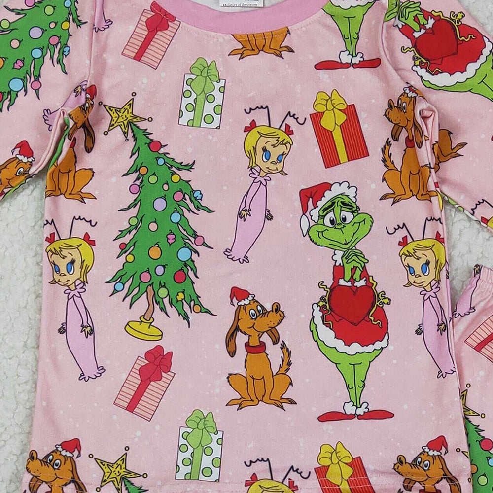 RTS NO MOQ （In stock）GLP2591 Baby Girls Winter Outfits Christmas Face Trees Gifts Top Pants Pajamas Sets
