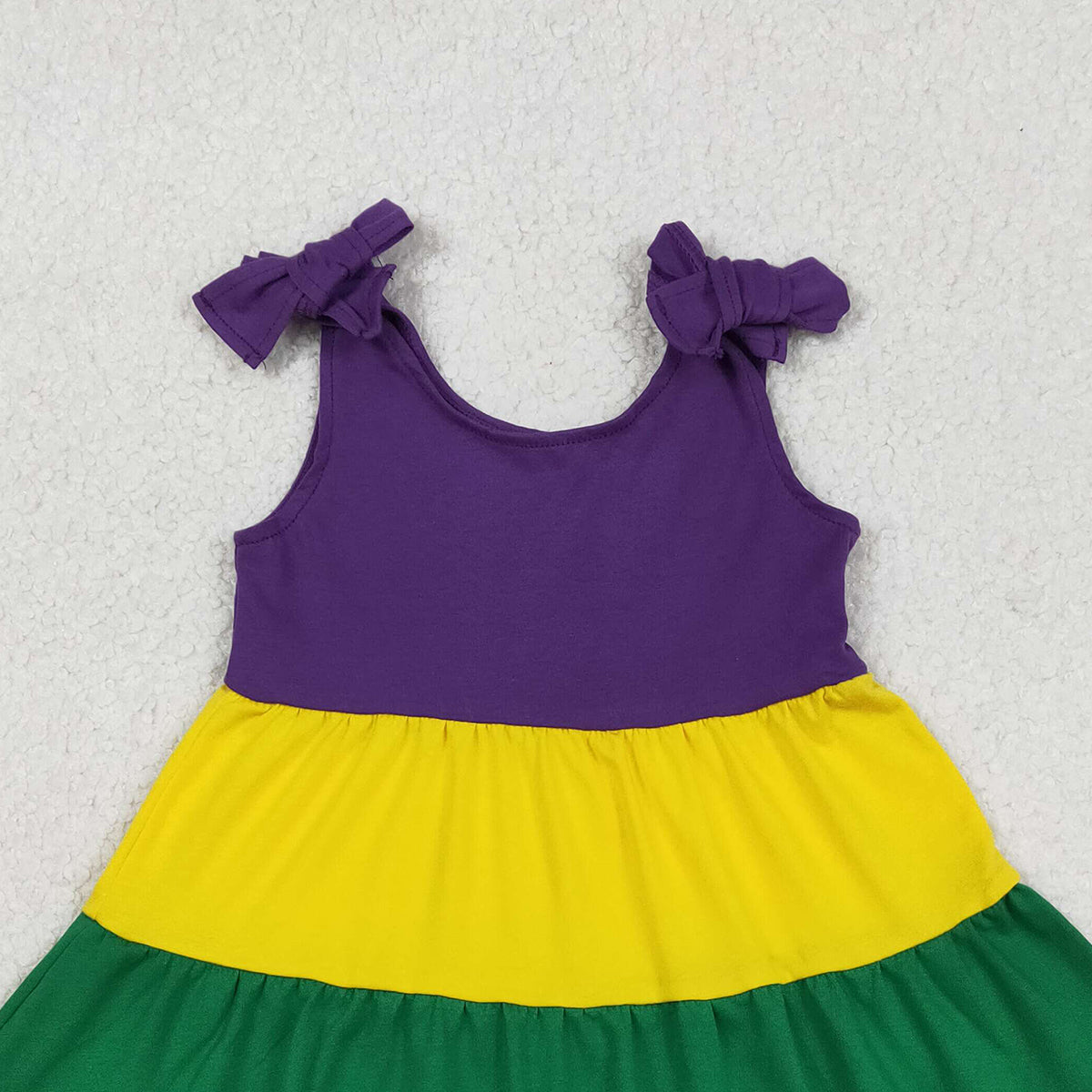 12.17 RTS NO MOQ （In stock）GSD2934 Baby Girls Bows Strap Mardigras Patchwork Ruffle Knee Length Dresses