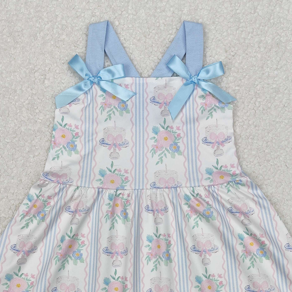 GSD1946Floral Cake Bow Girls Dress Straps Happy Birthday Girls Dresses Floral Cake Bow Design Party Wear for Girls