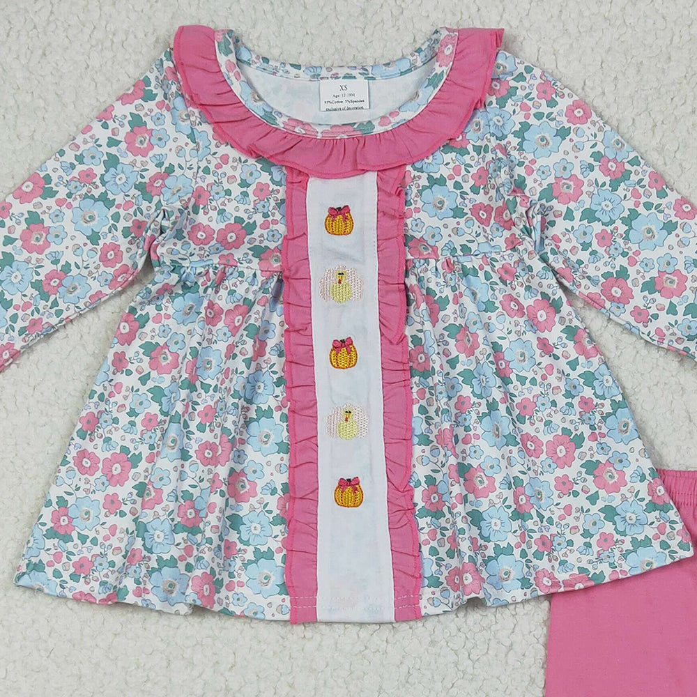 7.10 GLP2352RTS NO MOQ Baby Girls Winter Outfits Embroidery Baby Girls Long Sleeves Floral Turkey Pumpkins Tunic Ruffle Pant Set