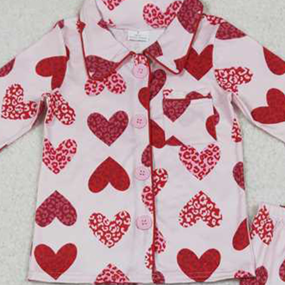 4.25 GLP1136 RTS NO MOQ Pink leopard heart girls valentine's button down pajamas