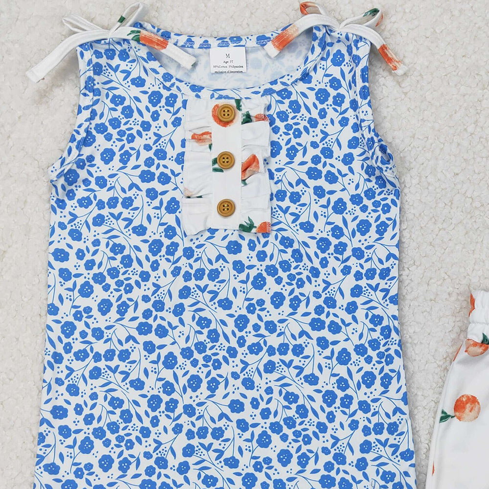 4.17 GSSO2355 RTS NO MOQ Sleeveless blue floral top peach shorts girls clothing set